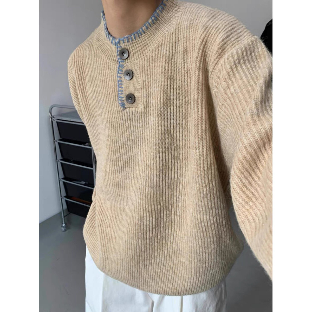 【Humans Mades】慵懒氛围感马海毛彩边勾线亨利领大码针织衫毛衣,淘宝优惠券,粉丝福利购,淘宝优惠卷