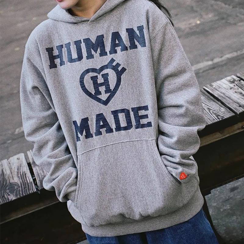 【现货】Humans Mades爱心H字母加绒帽衫日系情侣宽松秋连帽卫衣 - 图1