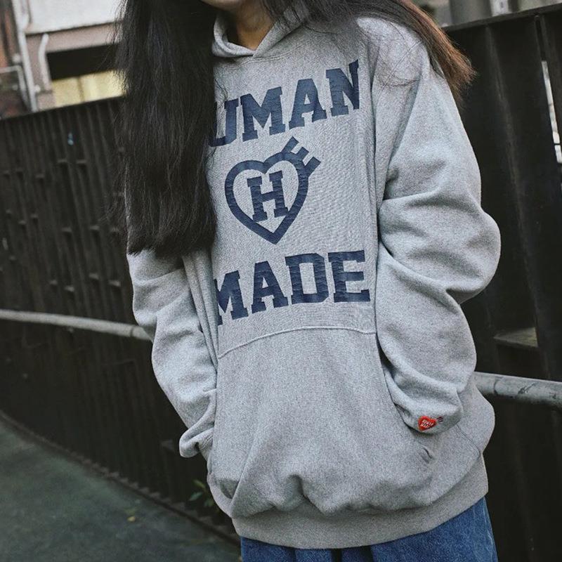 【现货】Humans Mades爱心H字母加绒帽衫日系情侣宽松秋连帽卫衣 - 图2
