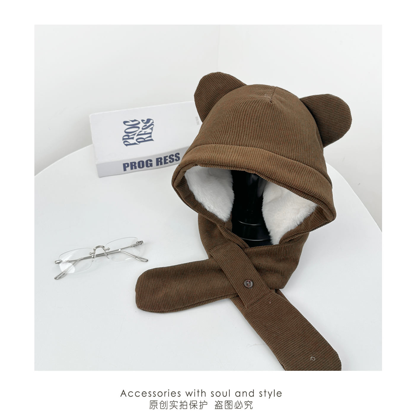 韩系可爱小熊耳朵灯芯绒帽子围巾一体成人秋冬防寒保暖包头护耳帽 - 图3