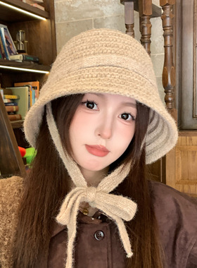 韩系针织渔夫帽子女秋冬季保暖系带毛线盆帽显脸小复古百搭水桶帽