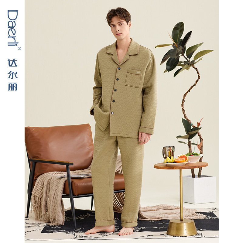 达尔丽夹层睡衣男士秋冬款厚款纯棉长袖保暖空气棉夹棉男士家居服,淘宝优惠券,粉丝福利购,淘宝优惠卷