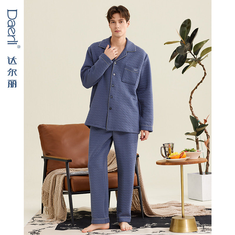 达尔丽夹层睡衣男士秋冬款厚款纯棉长袖保暖空气棉夹棉男士家居服,淘宝优惠券,粉丝福利购,淘宝优惠卷