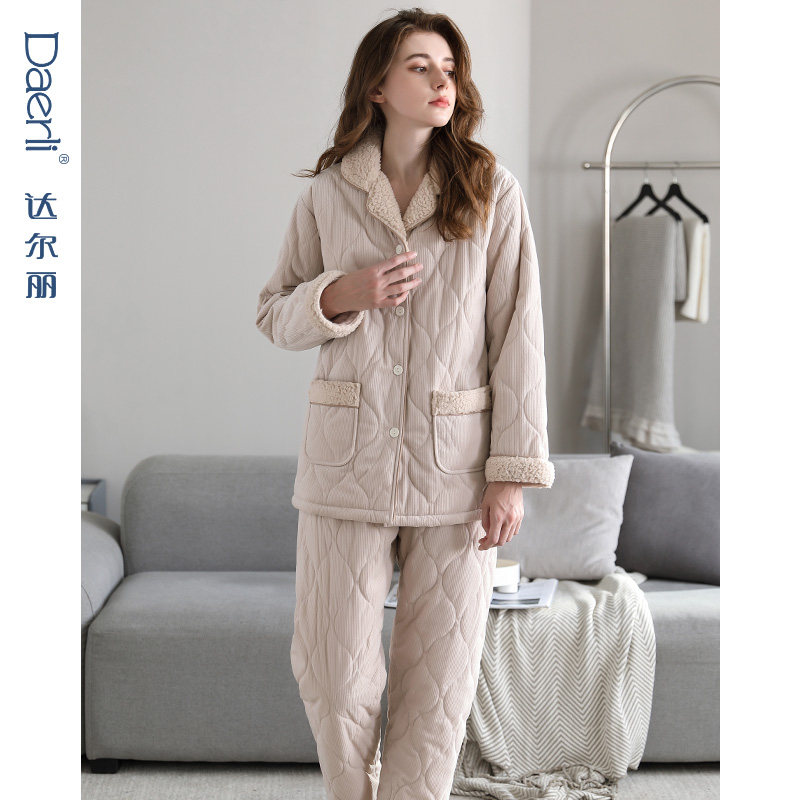 达尔丽秋冬夹棉睡衣女珊瑚绒加厚长袖保暖法兰绒三层空气棉家居服,淘宝优惠券,粉丝福利购,淘宝优惠卷