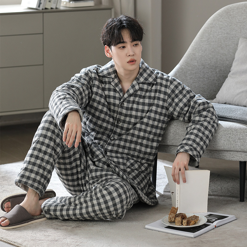 达尔丽加厚夹棉睡衣男冬季纯棉三层空气棉长袖格纹家居服秋冬套装,淘宝优惠券,粉丝福利购,淘宝优惠卷