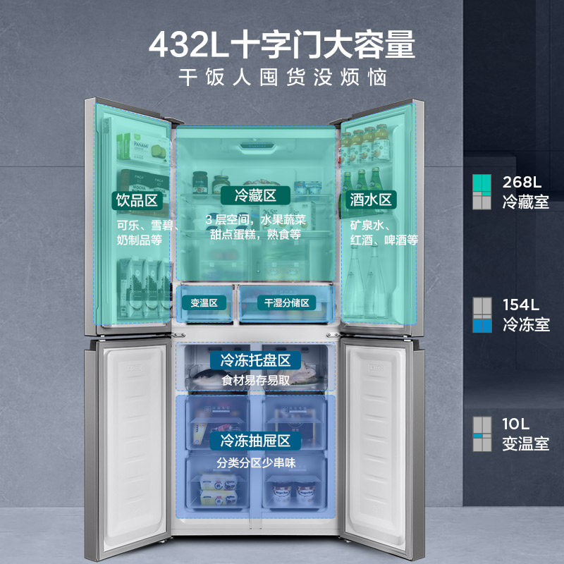 tcl r432十字对开双开四门一级冰箱 tcl冰箱厨房冰箱