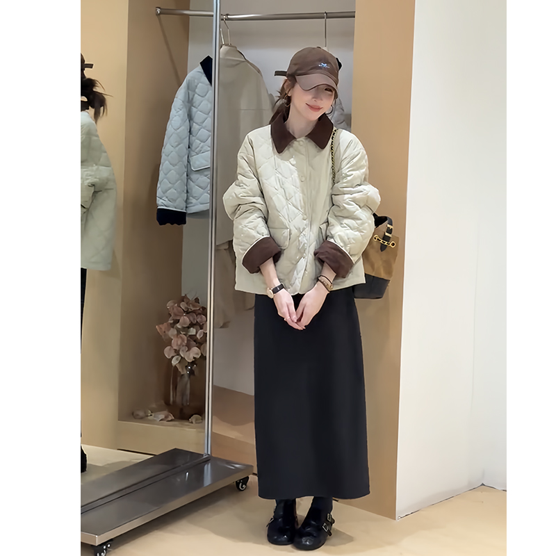 韩系高级感轻熟风气质菱格棉衣外套女秋冬显瘦百搭半身裙两件套装 - 图2