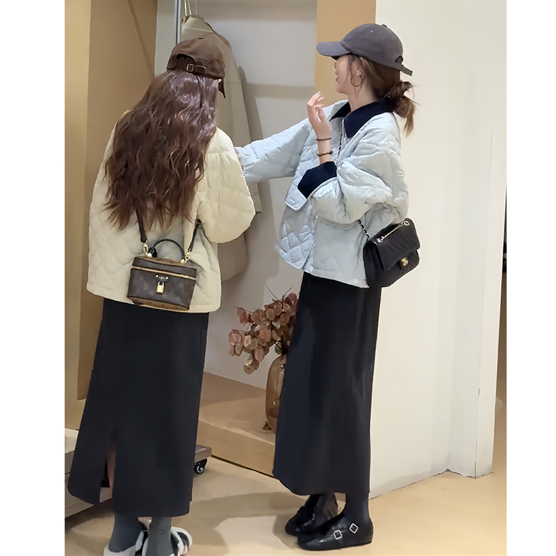 韩系高级感轻熟风气质菱格棉衣外套女秋冬显瘦百搭半身裙两件套装 - 图1