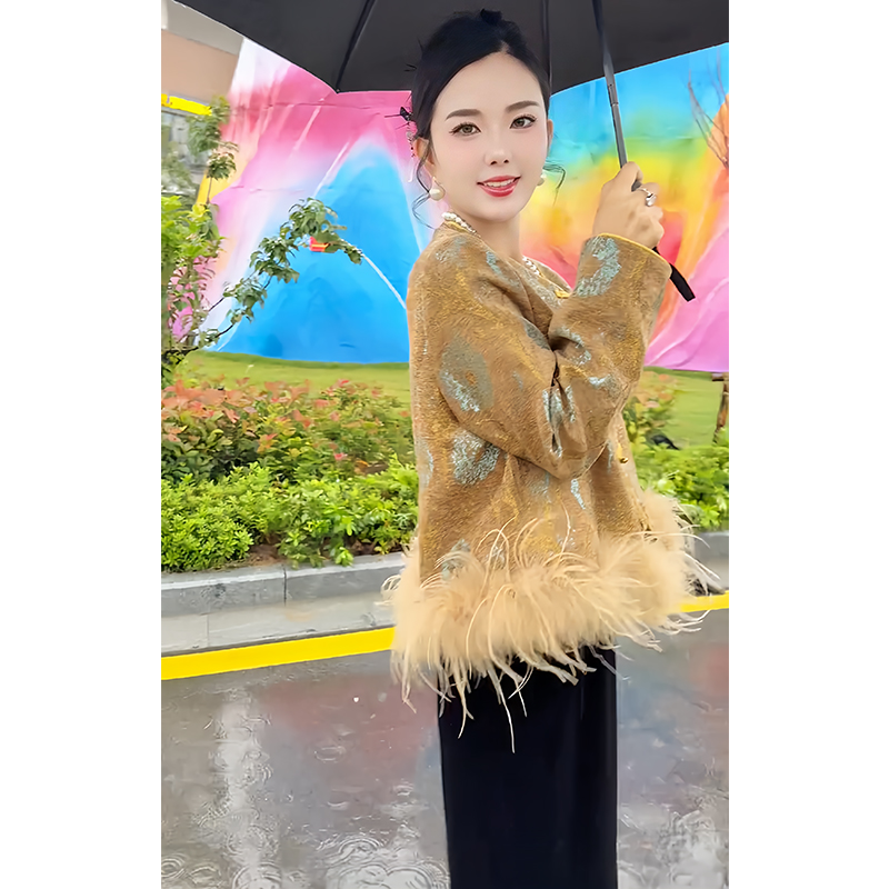 小香风套装轻熟风盘扣刺绣气质高级感新中式外套丝绒半身裙两件套 - 图1