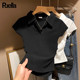 ອອກແບບແອວ POLO collar ບ່າຂວາແຂນສັ້ນ ເສື້ອທີເຊີດແມ່ຍິງໃນລະດູຮ້ອນອາເມລິກາ slim pleated ຮ້ອນເດັກຍິງງ່າຍດາຍ ເສື້ອທີເຊີດ