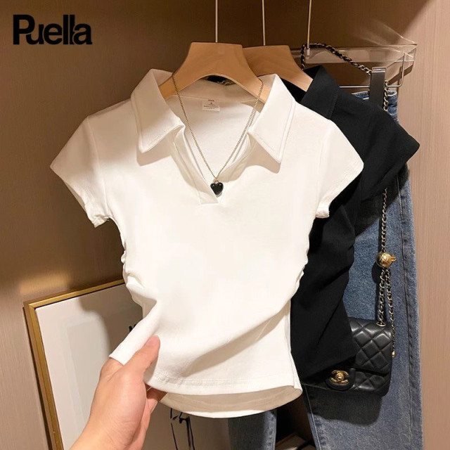 ອອກແບບແອວ POLO collar ບ່າຂວາແຂນສັ້ນ ເສື້ອທີເຊີດແມ່ຍິງໃນລະດູຮ້ອນອາເມລິກາ slim pleated ຮ້ອນເດັກຍິງງ່າຍດາຍ ເສື້ອທີເຊີດ