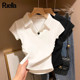 ອອກແບບແອວ POLO collar ບ່າຂວາແຂນສັ້ນ ເສື້ອທີເຊີດແມ່ຍິງໃນລະດູຮ້ອນອາເມລິກາ slim pleated ຮ້ອນເດັກຍິງງ່າຍດາຍ ເສື້ອທີເຊີດ