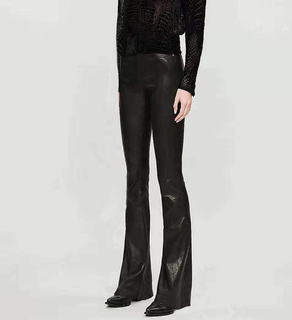 女皮裤长裤法国植鞣弹力皮修身黑色暗红色喇叭裤女休闲裤中腰,淘宝优惠券,粉丝福利购,淘宝优惠卷