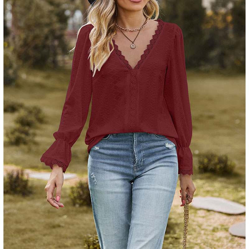 Lace Trim V Neck Tops Long Sleeve Shirts 欧美提花V领花边上衣 - 图2