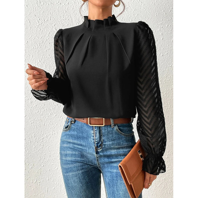 Elegant Mock Neck Lace Trim Top Shirts 半高领波浪纹雪纺上衣 - 图3