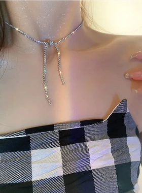 镶钻锆石蝴蝶结项链女轻奢小众高级设计感锁骨链新娘颈链礼服配饰