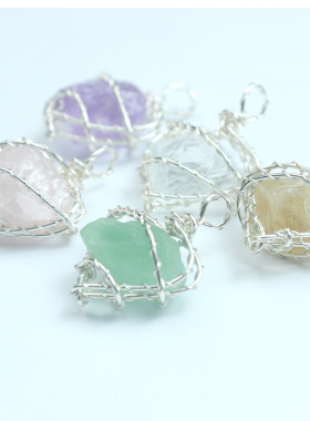 天然爱心形diy石头手工双股绕线工艺白绿粉紫黄水晶项链女吊坠