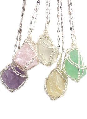 原石缠绕项链女粉晶绿萤石黄紫水晶锁骨链手工绕线天然石头吊坠