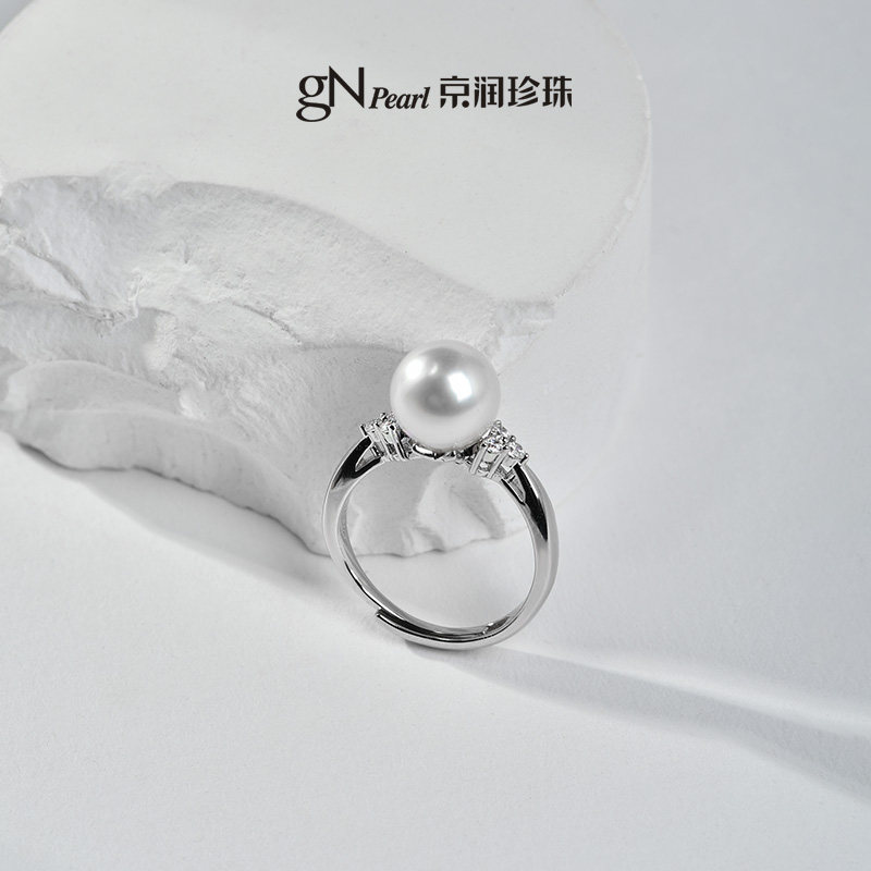 Jingrun Pearl 925 Silver Australian White Seawater Pearl Ring 9-10mm Round White Simple Versatile Open Ring for Women L