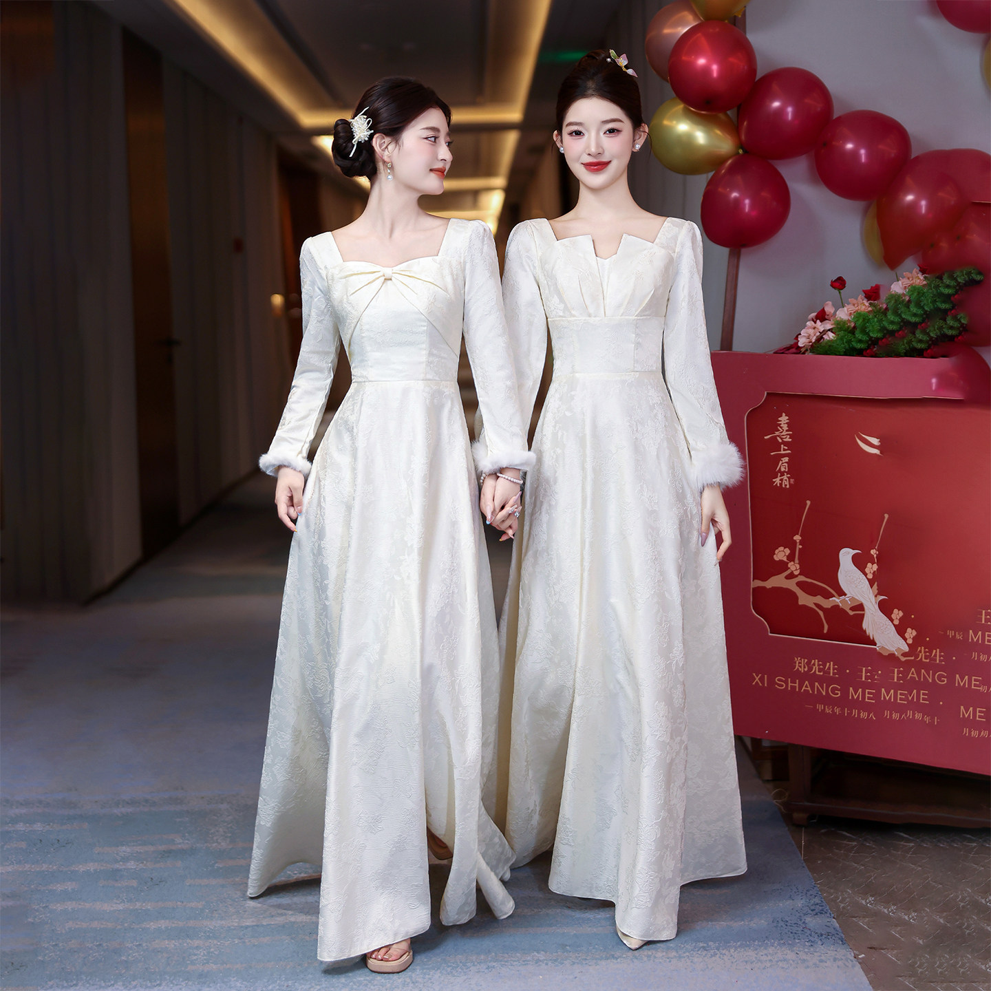 中式伴娘服长袖2025新款加绒保暖长礼服裙女高级感显瘦姐妹团晚装,淘宝优惠券,粉丝福利购,淘宝优惠卷