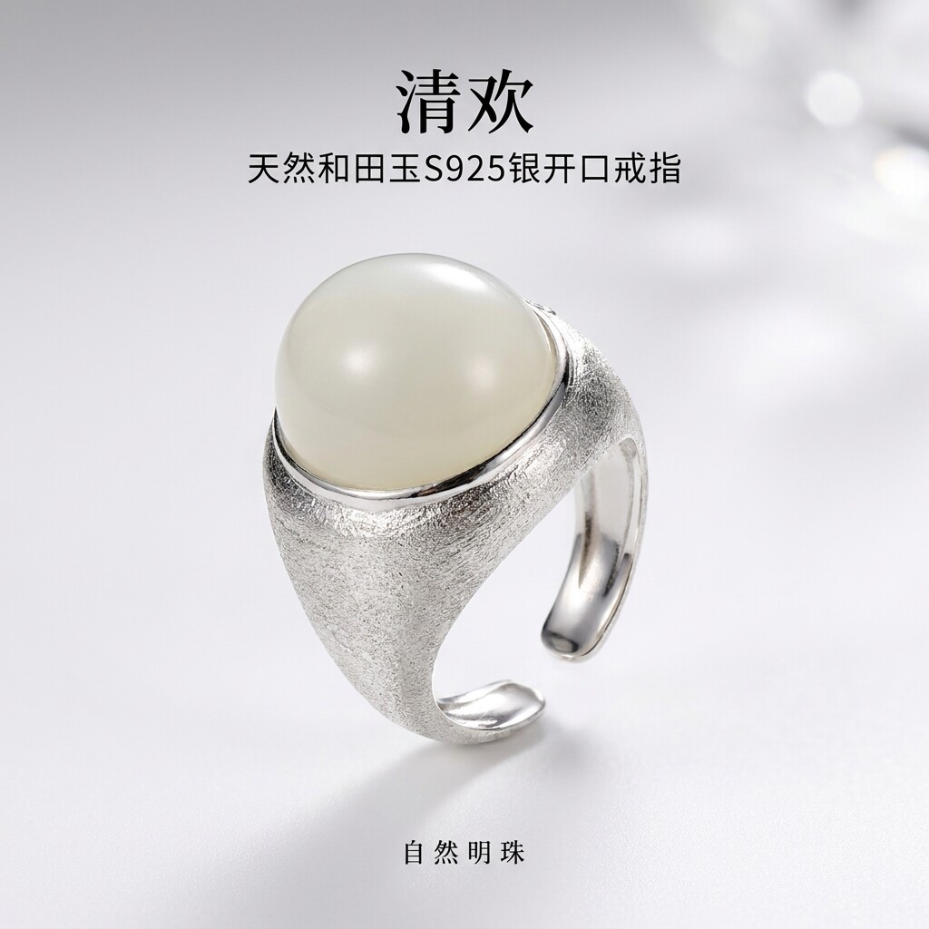 Qinghuan Hetian Jade Open Silver Ring Retro Light Luxury