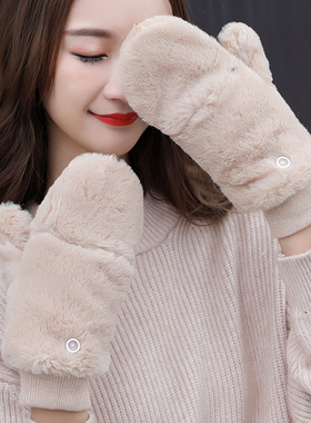 韩版毛绒纯色手套可爱学生保暖双层加厚半截露指翻盖手套女秋冬季