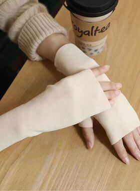 双面德绒手套女冬季自发热半指薄款加绒露指保暖手套办公短款手套