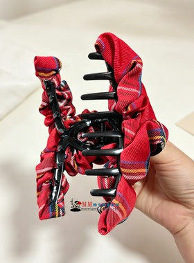 复古红格抓夹学院氛围感盘发夹