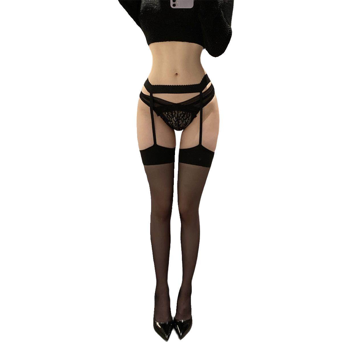 吊带丝袜纯欲风红边黑丝女性感蕾丝半截过膝一体大腿袜长筒超薄款,淘宝优惠券,粉丝福利购,淘宝优惠卷