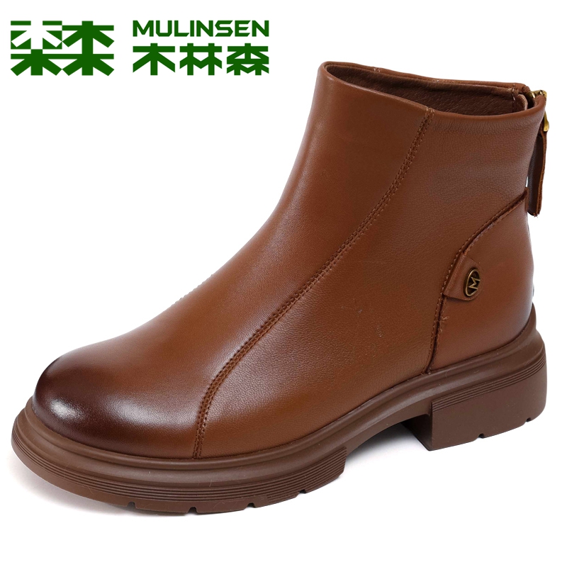 木林森女鞋2025冬季新款牛皮复古时尚后拉链美拉德时装靴加绒短靴 - 图0