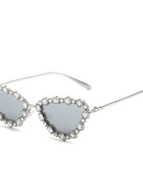 新款猫眼镶钻太阳镜 个性全金属几何三角手工钻石眼镜跨境ins墨镜