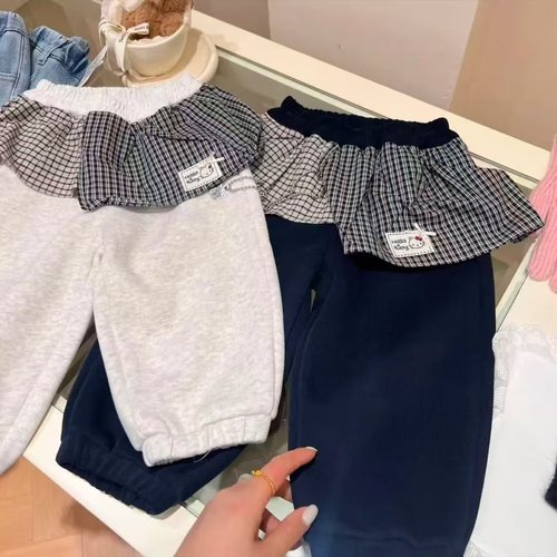 女童秋冬新款一体绒卫裤韩版儿童洋气格子荷叶边拼接灯笼裤潮 - 图1