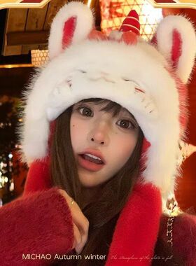 新年国潮耳朵会动招财猫帽子冬保暖防寒护耳毛绒帽红色过年虎头帽