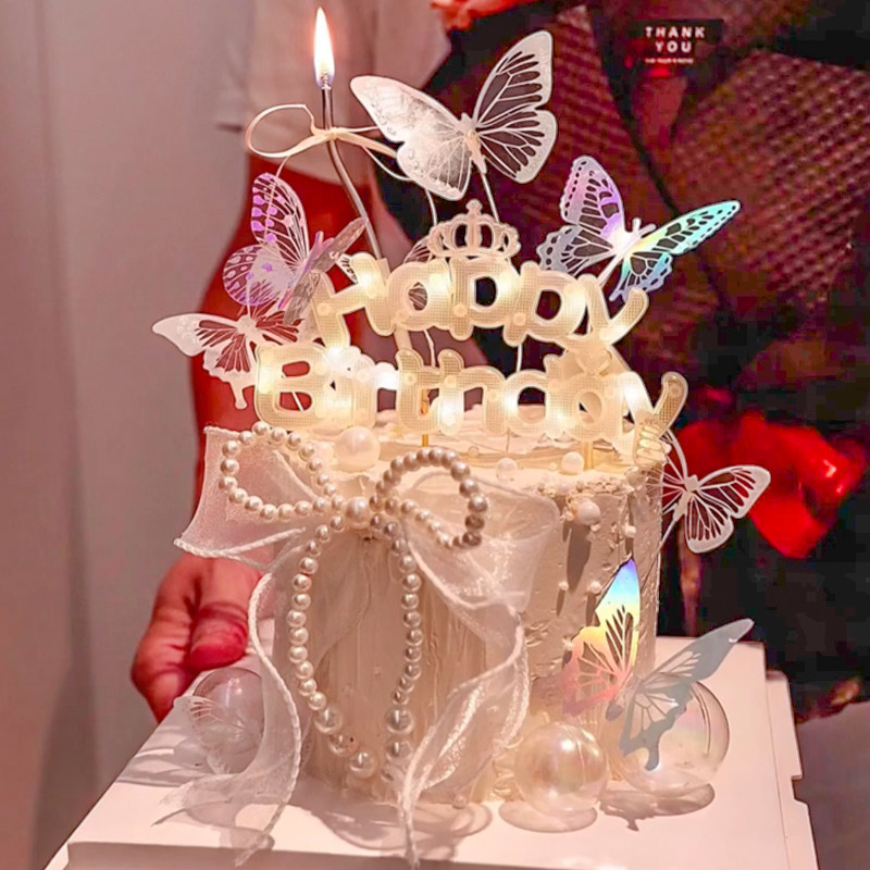 唯美幻彩蝴蝶结蛋糕装饰发光灯适合送女生女神生日蛋糕蝴蝶珍珠串,淘宝优惠券,粉丝福利购,淘宝优惠卷