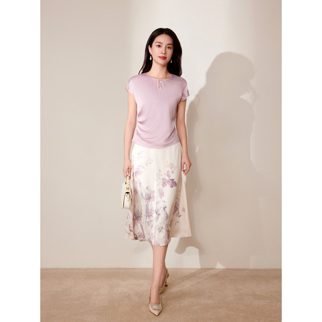 Pink and blue wardrobe 2026 summer new style satin oriental elegant rhyme pleated elegant cap-sleeved shirt for women