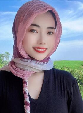 春夏新款渐变压皱辫子头巾女时尚百搭遮阳防晒丝巾帽拍照围巾披肩