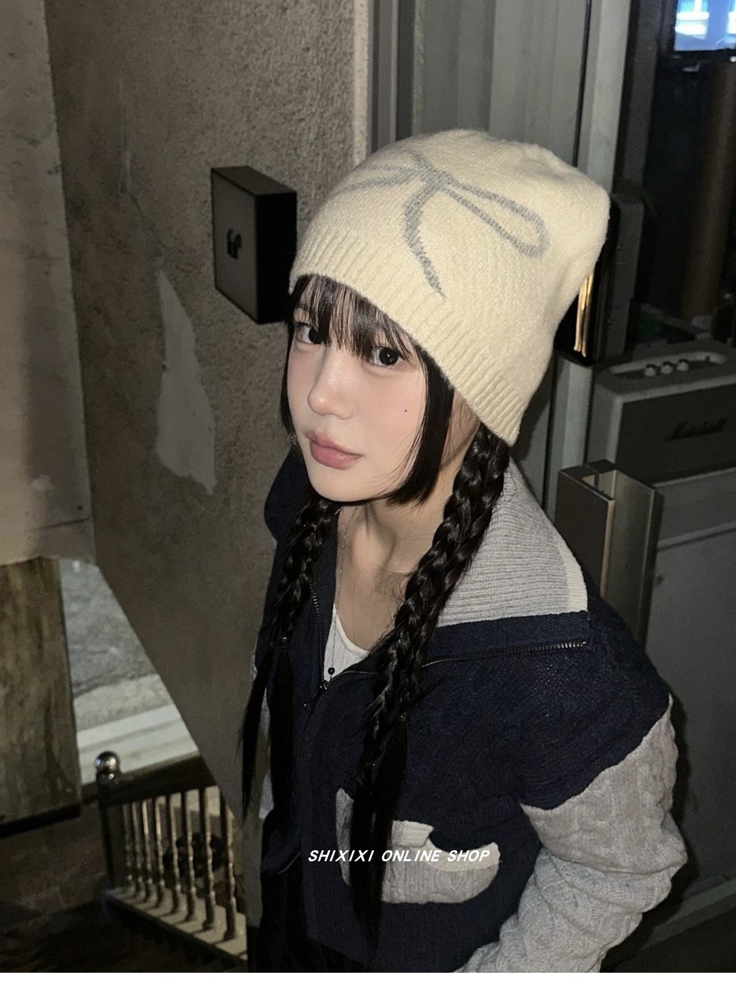 韩国小众nanacrew双层加厚针织面料蝴蝶结提花双面配色保暖毛线帽 - 图1