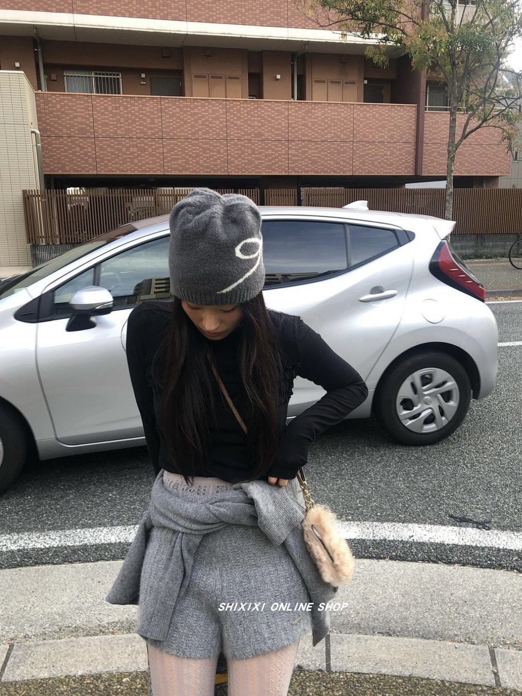 韩国小众nanacrew双层加厚针织面料蝴蝶结提花双面配色保暖毛线帽 - 图2