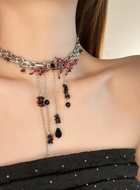 y2k辣妹红色蝴蝶链重工项链饰品