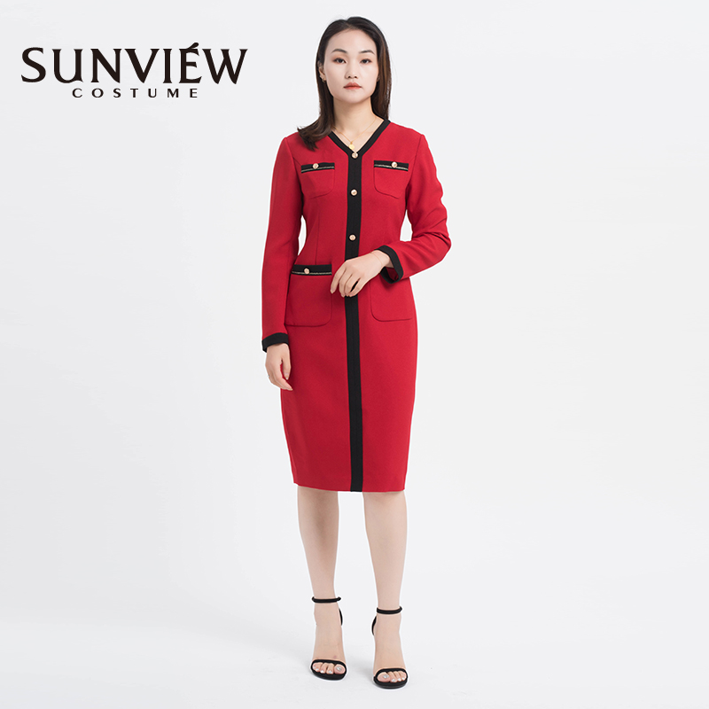 SUNVIEW/尚约红色连衣裙长袖秋冬款女装设计师款款专柜正品