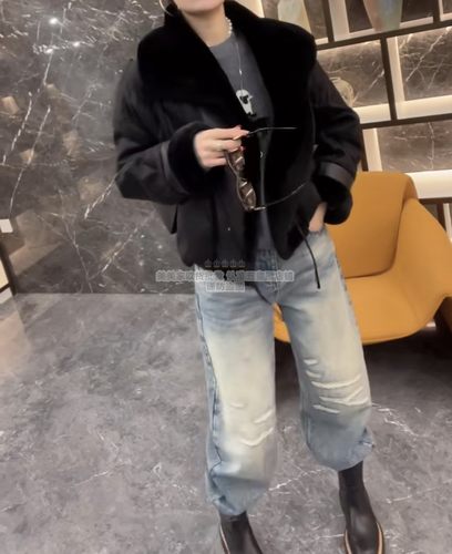 欧货2025冬季新款时尚定制亚麻皮毛一体鹅绒外套设计感派克羽绒服 - 图1