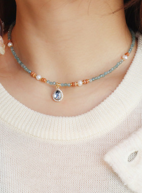 天然石彩色串珠项链淡水珍珠锁骨链设计感小众复古颈链ins风叠戴