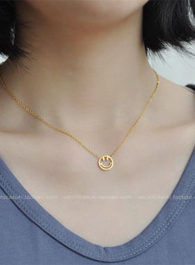 18k金色ins女笑脸项链
