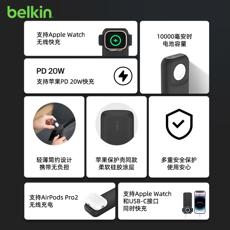 belkin贝尔金10000毫安磁吸快充手表手机二合一移动电源充电宝适用iPhone15/14pro苹果iwatch AppleS8/Ultra - 图1