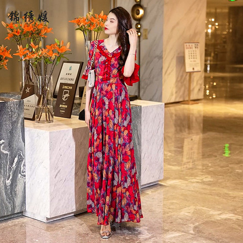2026新款碎花连衣裙女夏长款到脚踝荷叶领长裙夏天大摆裙V领雪纺 - 图1