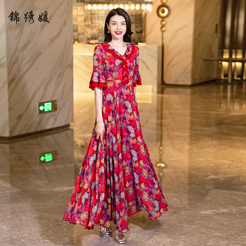 2026新款碎花连衣裙女夏长款到脚踝荷叶领长裙夏天大摆裙V领雪纺 - 图0