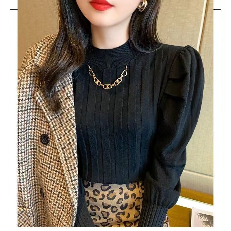 时尚链条半高领灯笼泡泡袖针织打底衫内搭毛衣女秋冬洋气内搭上衣