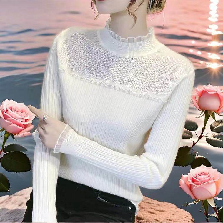 2024秋冬打底衫女保暖毛衣秋冬新款半高领加厚内搭洋气蕾丝针织衫