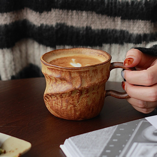 胡桃集市日式复古侘寂风咖啡杯不规则手作粗陶杯拿铁拉花下午茶杯