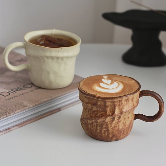 胡桃集市日式复古侘寂风咖啡杯不规则手作粗陶杯拿铁拉花下午茶杯